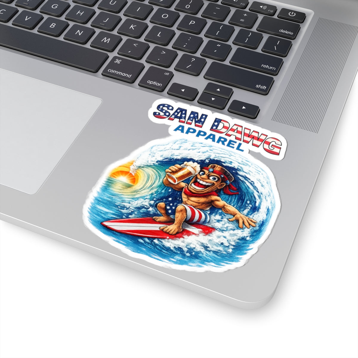 San Dawg Apparel Surfing Character Kiss-Cut Sticker — Patriotic Beach Vibe