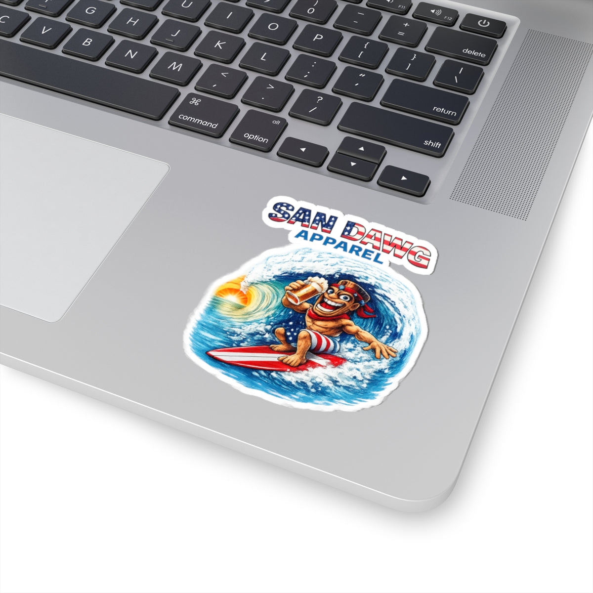 San Dawg Apparel Surfing Character Kiss-Cut Sticker — Patriotic Beach Vibe