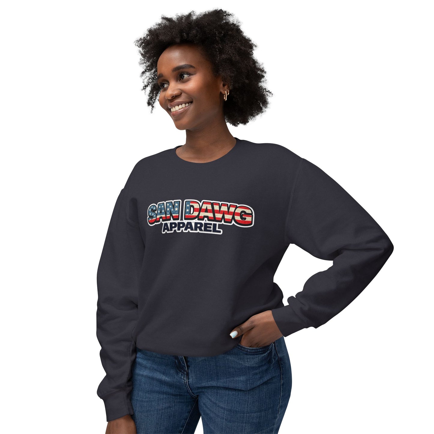 Women's San Dawg Apparel Crewneck Sweatshirt — American Flag Retro Logo