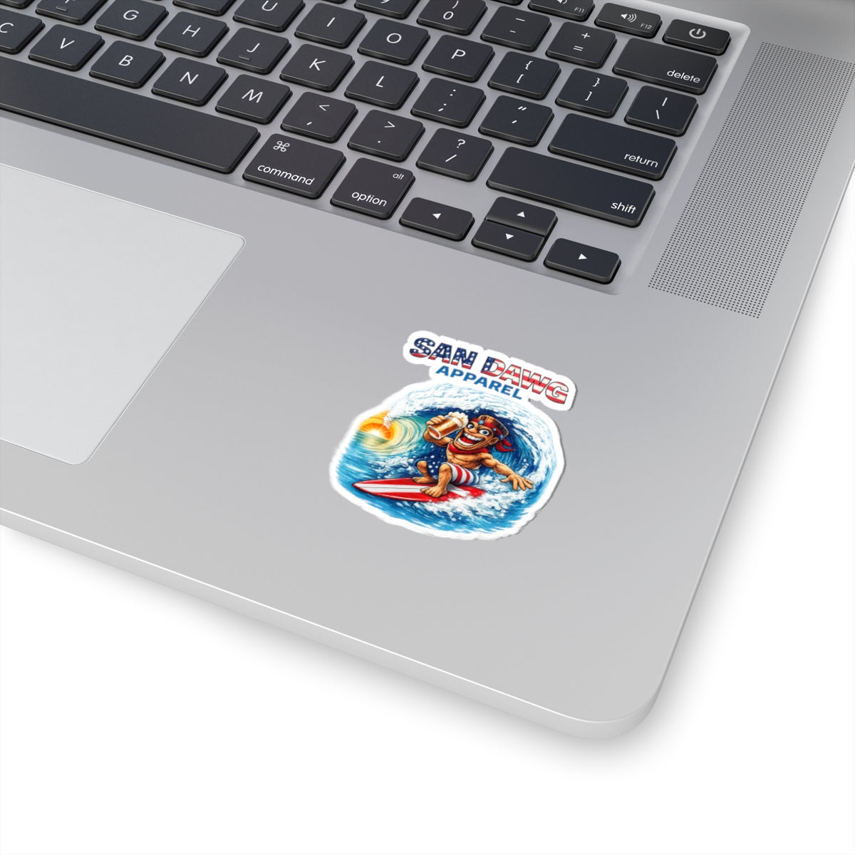 San Dawg Apparel Surfing Character Kiss-Cut Sticker — Patriotic Beach Vibe
