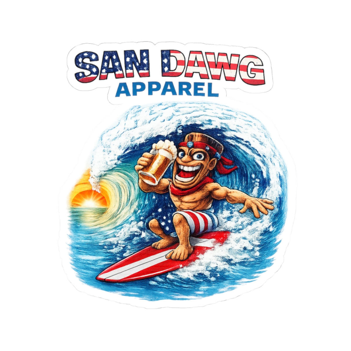 San Dawg Apparel Surfing Character Kiss-Cut Sticker — Patriotic Beach Vibe