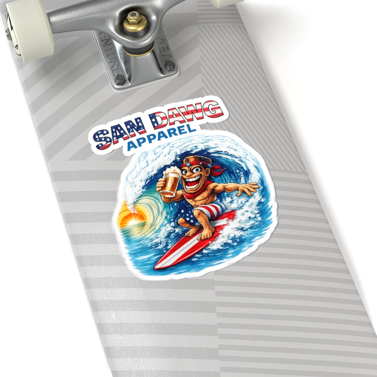 San Dawg Apparel Surfing Character Kiss-Cut Sticker — Patriotic Beach Vibe